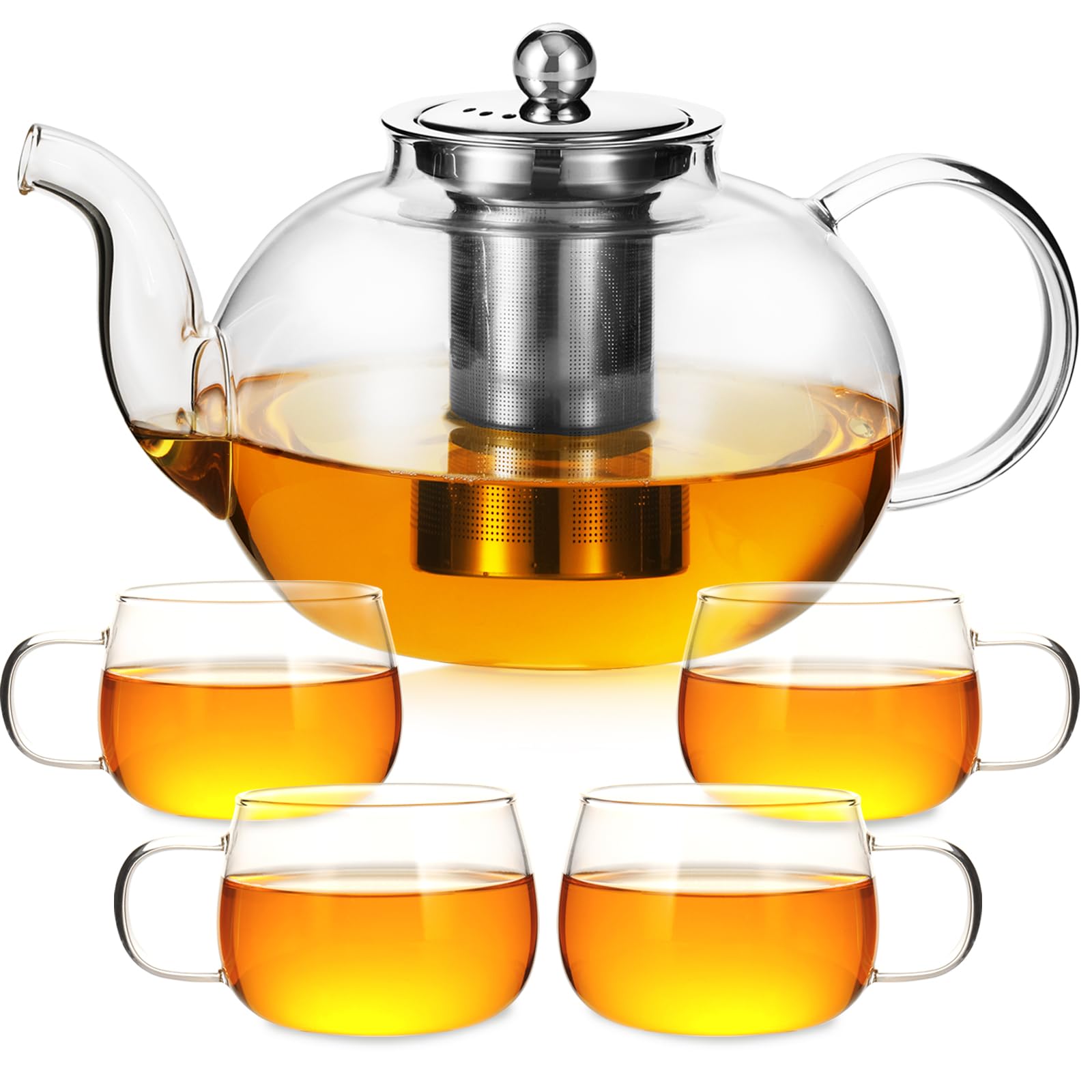 Photo 1 of GURUDAR 50OZ/1500ML Glass Teapot Set with 4 Teacups & Removable Stainless Steel Infuser, Stovetop & Microwave Safe Clear Tea Maker Water Kettle with 12OZ/360ML Tea Cups for Loose Leaf Blooming Tea
