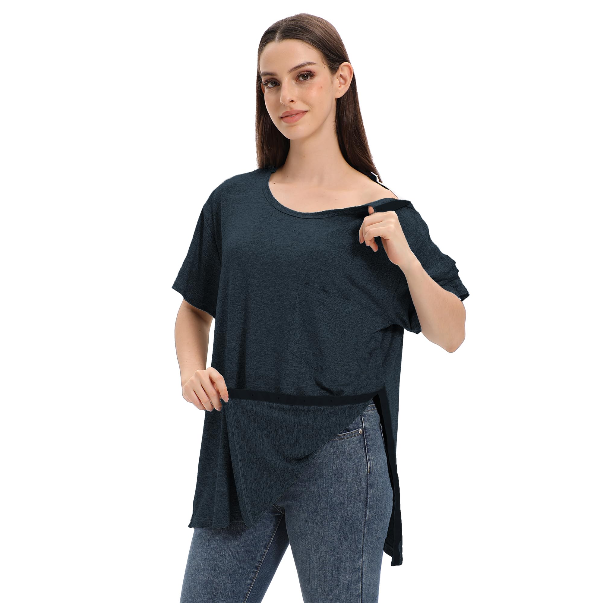 Photo 1 of Unisex Post Shoulder Surgery Shirts for Men Rotator Cuff Chest Recovery Shirt Women Full Snap Access Dialysis Chemo Clothing Navy 2XL