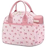 Carry bloom Lunch Box for Women, Insulated Lunch Bag Cute Corduroy Lunchbag Reusable Lunchbox for Work (flower bow pink)