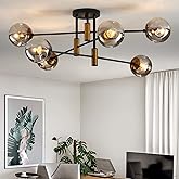 DDLLDESHI 6-Light Glass Globe Sputnik Chandelier Modern Matte Black and Gold Ceiling Light Fixture Vintage Hanging Chandelier