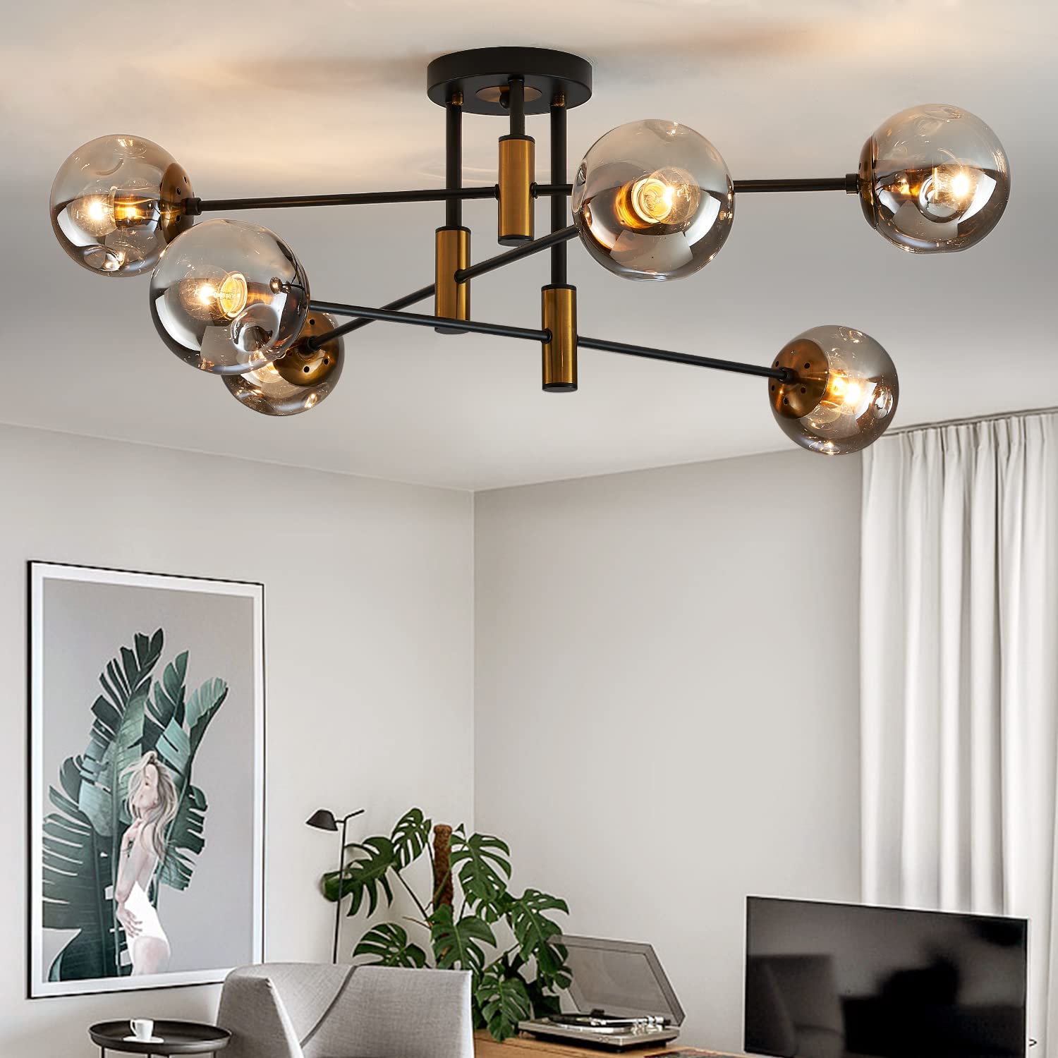 Photo 1 of *******************1 LIGHT COVERING BROKEN*****************
DDLLDESHI 6-Light Glass Globe Sputnik Chandelier Modern Matte Black and Gold Ceiling Light Fixture Vintage Hanging Chandeliers for Farmhouse Living Room, Kitchen Dining Room Bedroom