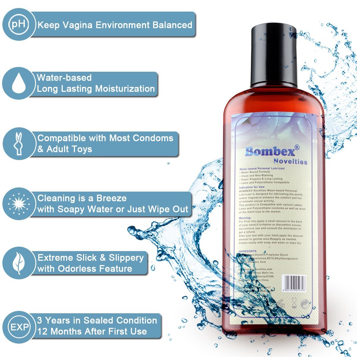 BOMBEX Water Based Personal Lubricant - Slick & Long Lasting Personal Lube for Women & Men,Top Rated by Couples,Unflavored,8.2 Fluid Ounces