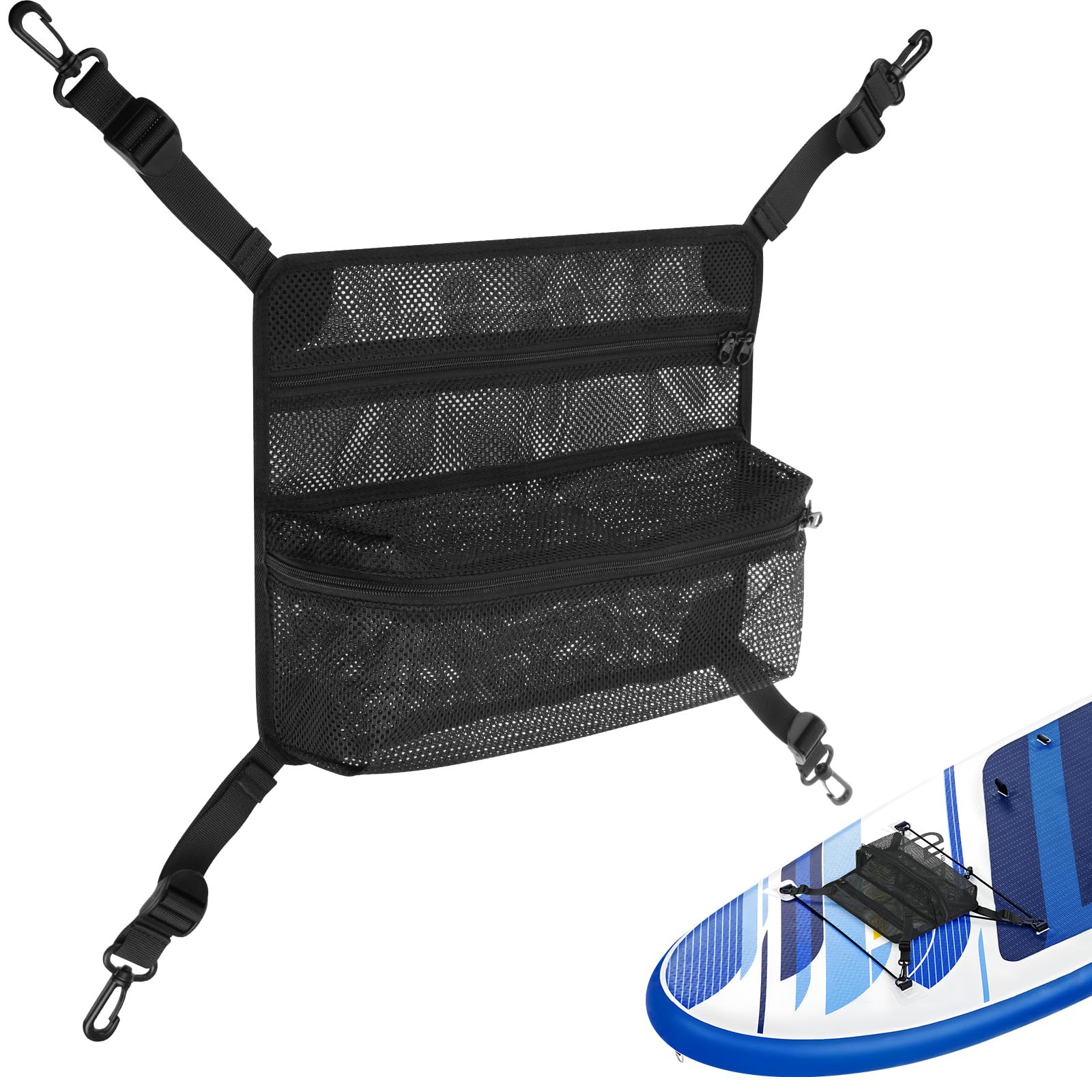 Photo 1 of Cosmos Paddleboard Deck Bag Paddle Board Surf Deck Bag 4-Hook SUP Board Storage Mesh Bag 2- Layer Mesh Zipper Carry Bag with Top Pocket for Kayak Surfboard Stand UP Paddleboard Deck Accessories