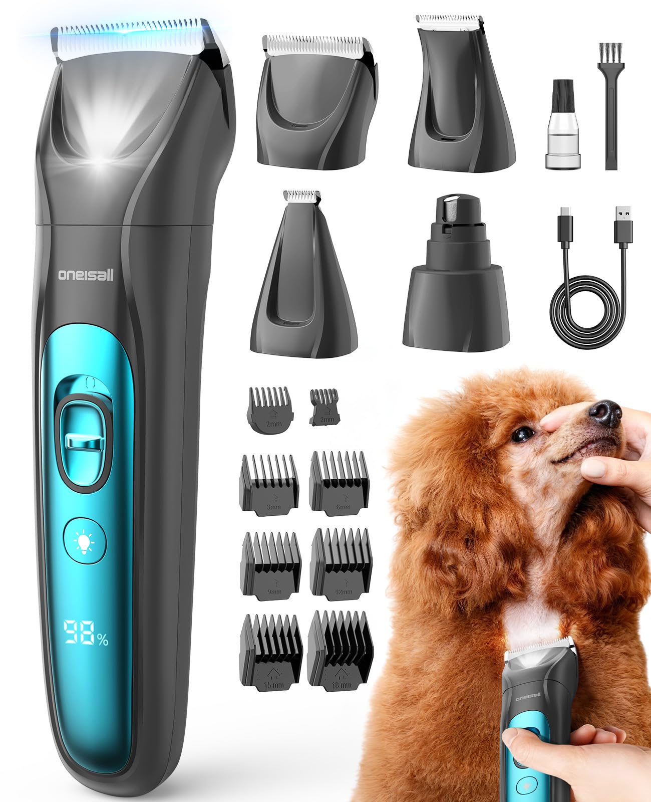 Photo 1 of oneisall Quiet Dog Clippers for Grooming LED Light, Cordless Dog Grooming Kit 4 in 1, 2000mAh Pet Clippers Paw Trimmer Nail Grinder for Paw, Nail, Face, Ears, Legs, Body