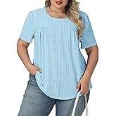 VISLILY Womens-Plus-Size-Summer-Tops Trendy Eyelet Embroidery T Shirts Cute Curved Hem Tunics Casual Short Sleeve Blouse Tees