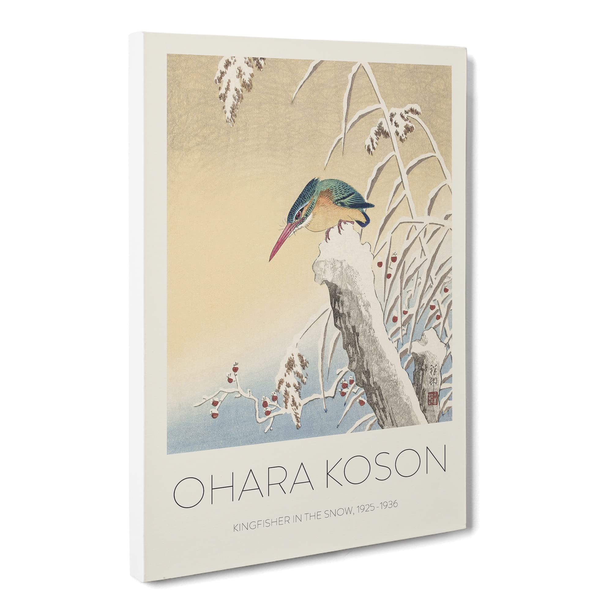 Kingfisher In The Snow By Ohara Koson Canvas Print | Gallery Wrapped 30mm Frame Wall Art | 20x14 inches | Ready to Hang | Asian Landscape Picture | Living Room Bedroom Lounge Office