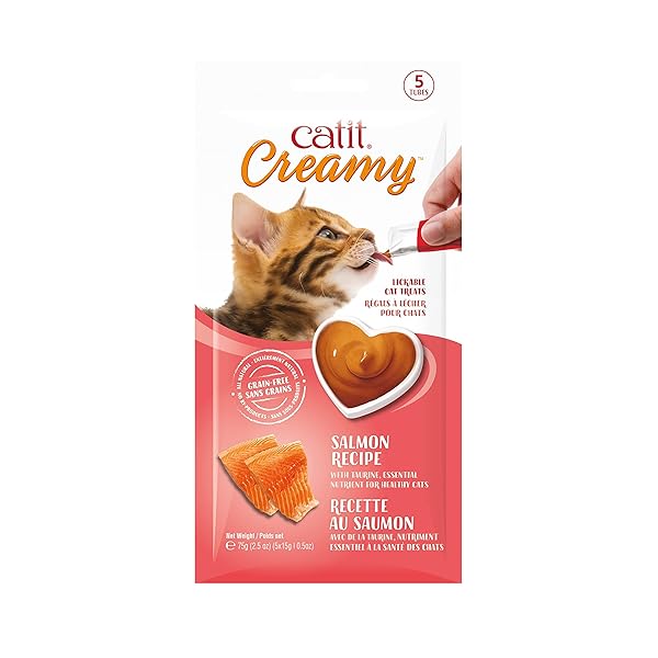CATIT CREAMY LICKABLE CAT TREAT – HYDRATING AND HEALTHY TREAT FOR CATS OF ALL AGES – SALMON, 5-PACK