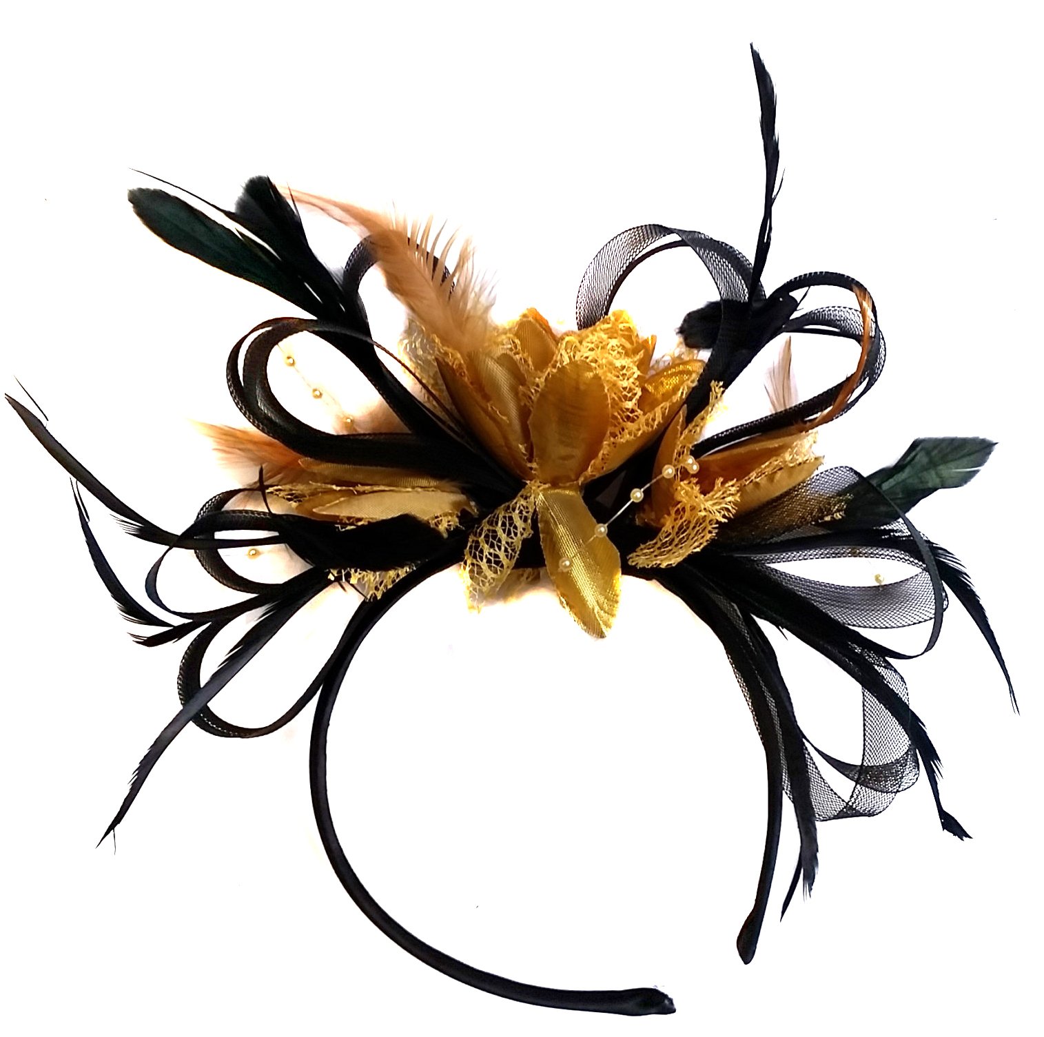 Caprilite Fashion Black and Gold Feather Hair Fascinator Headband Wedding Royal Ascot Races