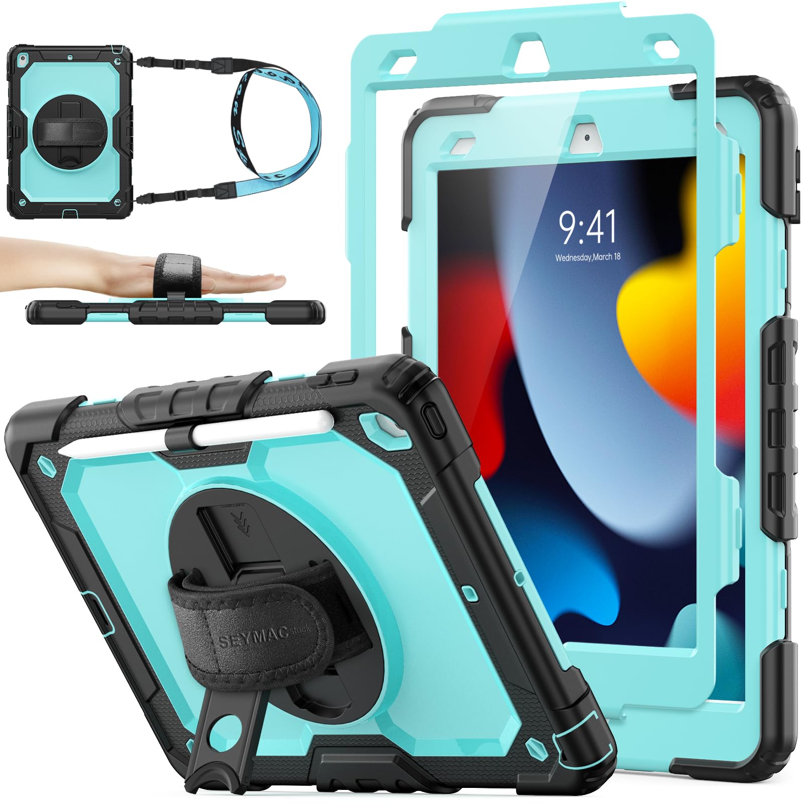 SEYMAC stock Case for iPad 9th/8th/7th Generation (10.2 Inch) 2021/2020/2019, Heavy Duty Shockproof with Screen Protector, 360° Rotating Stand/Hand Strap, Pencil Holder & Shoulder Strap, Skyblue