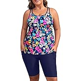Plus Size Tankini Swimsuits - Athletic Two Piece Bathing Suits with Short for Women Swimwear with Pockets