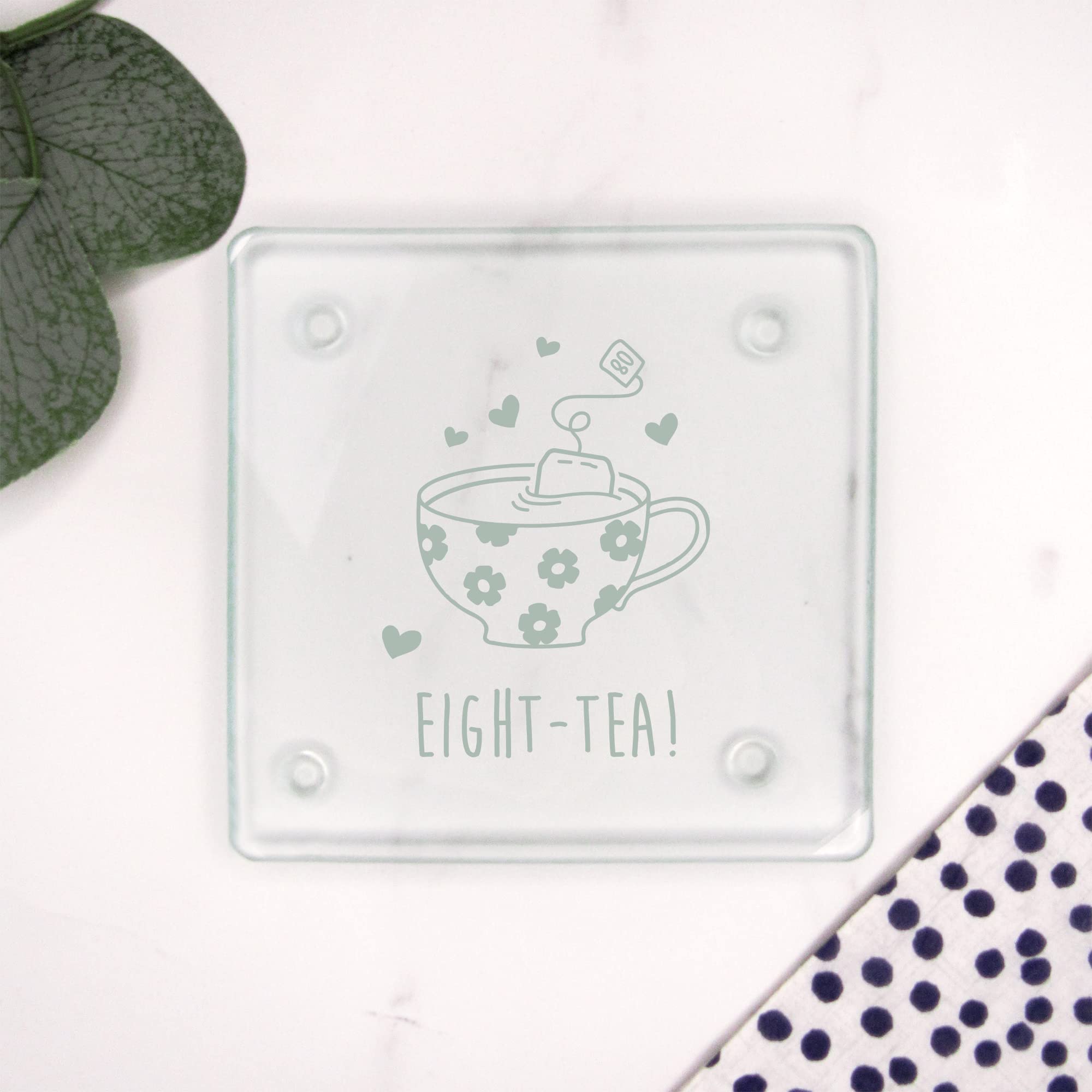 eBuyGB Engraved Square Glass Coaster -Eight-Tea Design - 80th Birthday Gifts for Women, Her - Eightieth Birthday Gift for Mum, Grandma - Drinks Mat