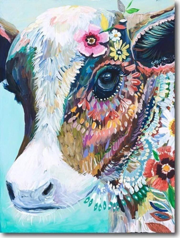 YEESAM ART Paint by Numbers for Adults Beginners Colourful Flowers Cow 16x20 inch Linen Canvas Acrylic DIY Number Painting Kits Wall Art Decor Gifts