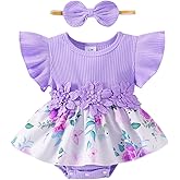 Aenbilo Baby Girl Clothes Summer Outfit Romper Skirt Ruffle Sleeve Cute Bow Headband Infant Bodysuit Set 0-18 Months