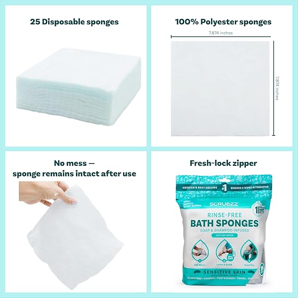 SCRUBZZ DISPOSABLE NO RINSE BATHING WIPES FOR SENSTIVE SKIN – 25 PACK – ALL-IN-1 SINGLE USE SHOWER WIPES, SIMPLY DAMPEN, LATHER, AND DRY WITHOUT SHAMPOO OR RINSING (SENSITIVE SKIN, 1-PACK)