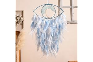 ARTILADY Tree of Life Dream Catcher Wall Decor - Evil Eye Dreamcatchers with Fairy Light Boho Wall Hanging, Handmade Blue Feather Oranment Native American Indian Decor for Bedroom(Light Blue)
