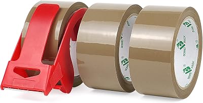 BOMEI PACK Brown Packing Tape 3 Rolls + Dispenser 48mm x 66m 48mic