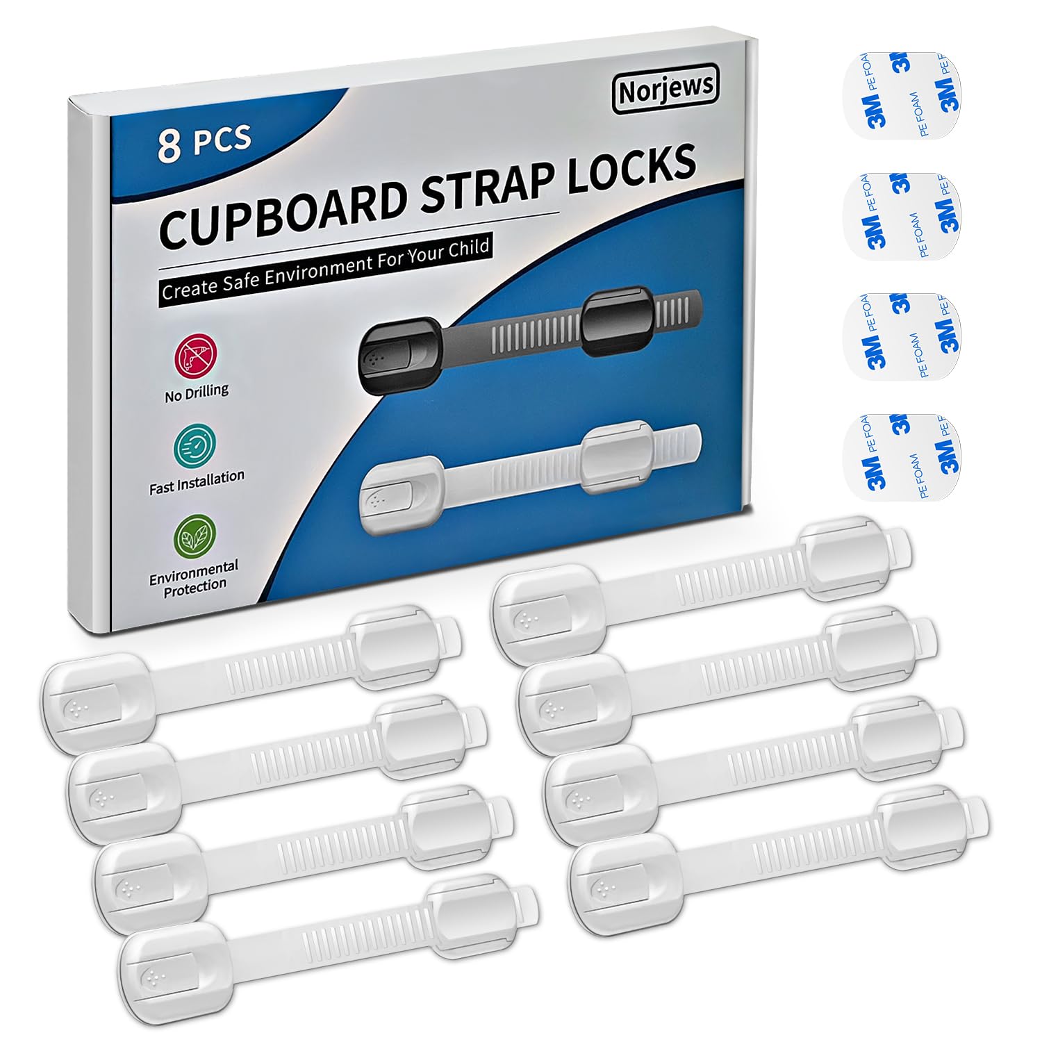 Norjews 8 Pack Cabinet Locks Baby Proofing, Child Safety Cupboard Locks, Child Safety Straps for Cabinets Drawers Toilet Fridge, Adjustable with No Trapped Fingers Easy to Install - White