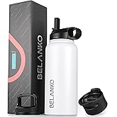 BELANKO 32 oz Stainless Steel Water Bottle Jug with Straw, 3 Leak-Proof Lids, Vacuum Insulated BPA-Free Hydration Bottle for Sports, Travel, Office, Daily Refill - Polar White