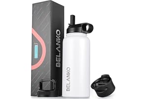 BELANKO Water Bottle, 32 Oz Insulated Stainless Steel Water Bottle with Straw and 3 Lids, Leak-Proof Double-Wall Vacuum for Cold Water Drinks, Sports, Travel, School, and Car - Polar White