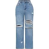 THUNDER STAR Womens High Waisted Wide Leg Jeans Stretchy Distressed Denim Pants