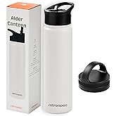 Retrospec Alder Insulated Water Bottle with Straw Lid & Handle Cap - Stainless Steel Wide Mouth Double-Wall Vacuum Insulated Thermos - BPA Free Leakproof Canteen