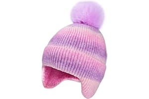 ACTLATI Kids Beanie with Ear Flaps for Boys Girls Pom Knit Hats Fleece Lining Winter Outdoor Skull Snow Ski Cap Age 2-10