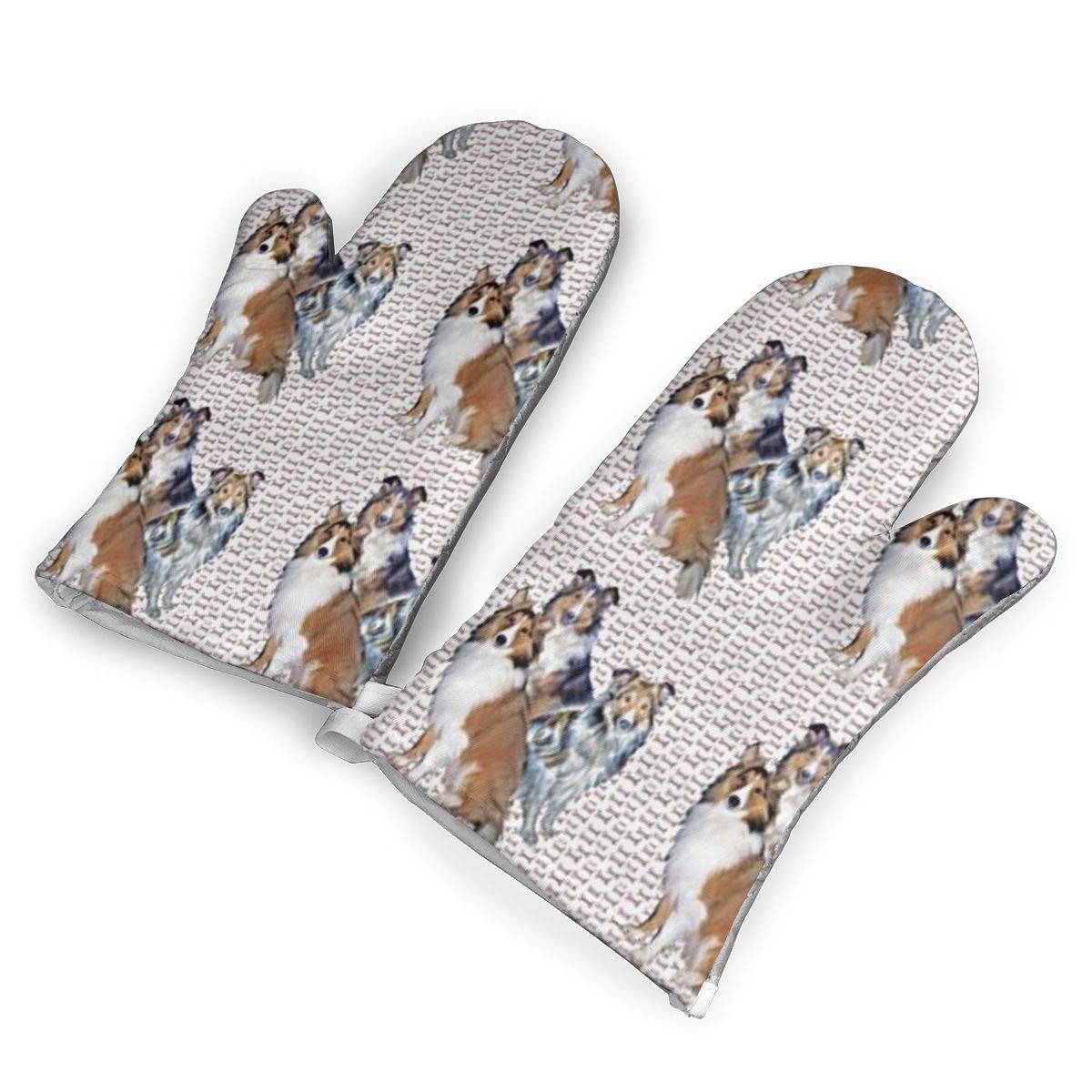 WWOC Shelties and Bones Oven Mitts, Premium Heat Resistant Kitchen& Polyester Quilted Oversized Mittens, 1 Pair