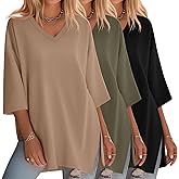 Huukeay 3 Pack Women's 3/4 Sleeve Oversized T-Shirts V Neck Knit Workout Casual Tunic Tops Side Split Loose Basic Tees