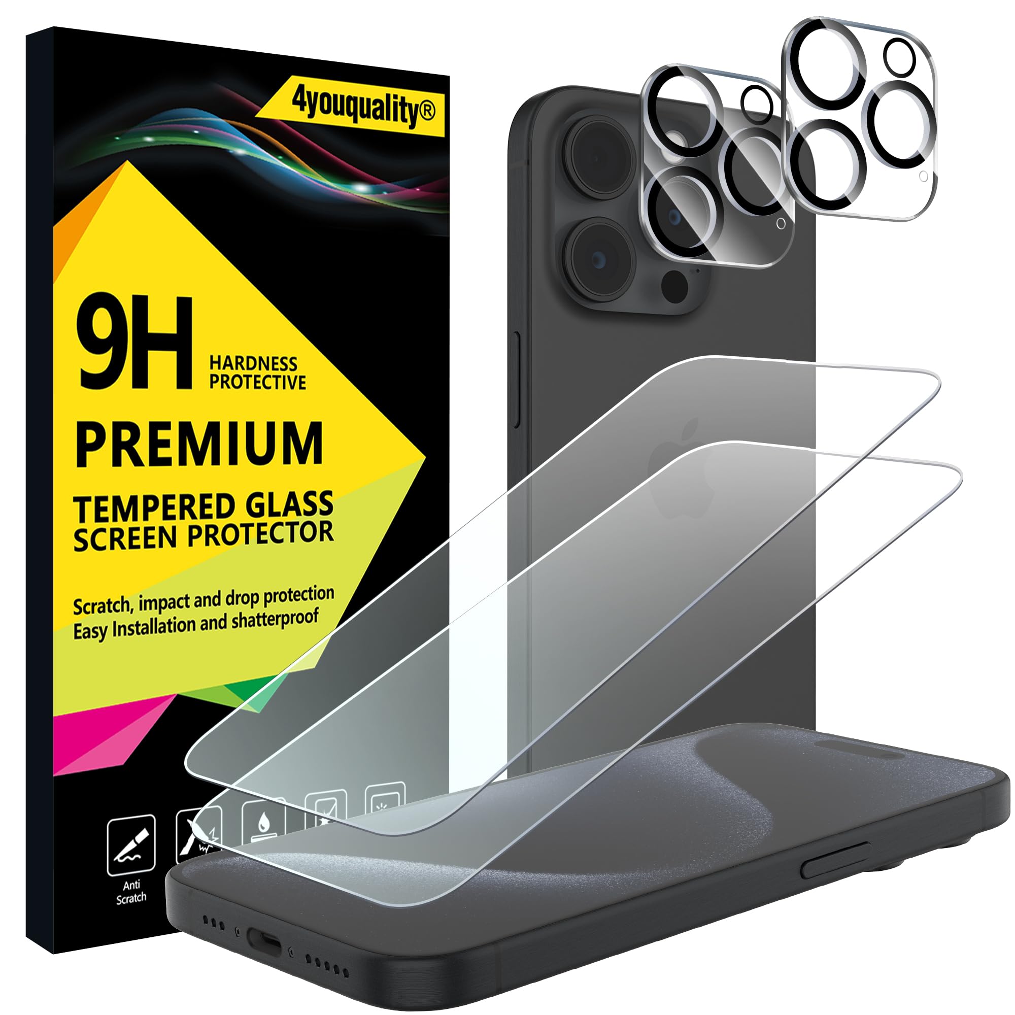 4youquality [4-in-1 Screen Protector for iPhone 15 Pro with Camera Lens Protector, Tempered Glass Film, 2-Pack Each, [LifetimeSupport][Impact-Resistant][Anti-Scratch][Ultra-Transparent]