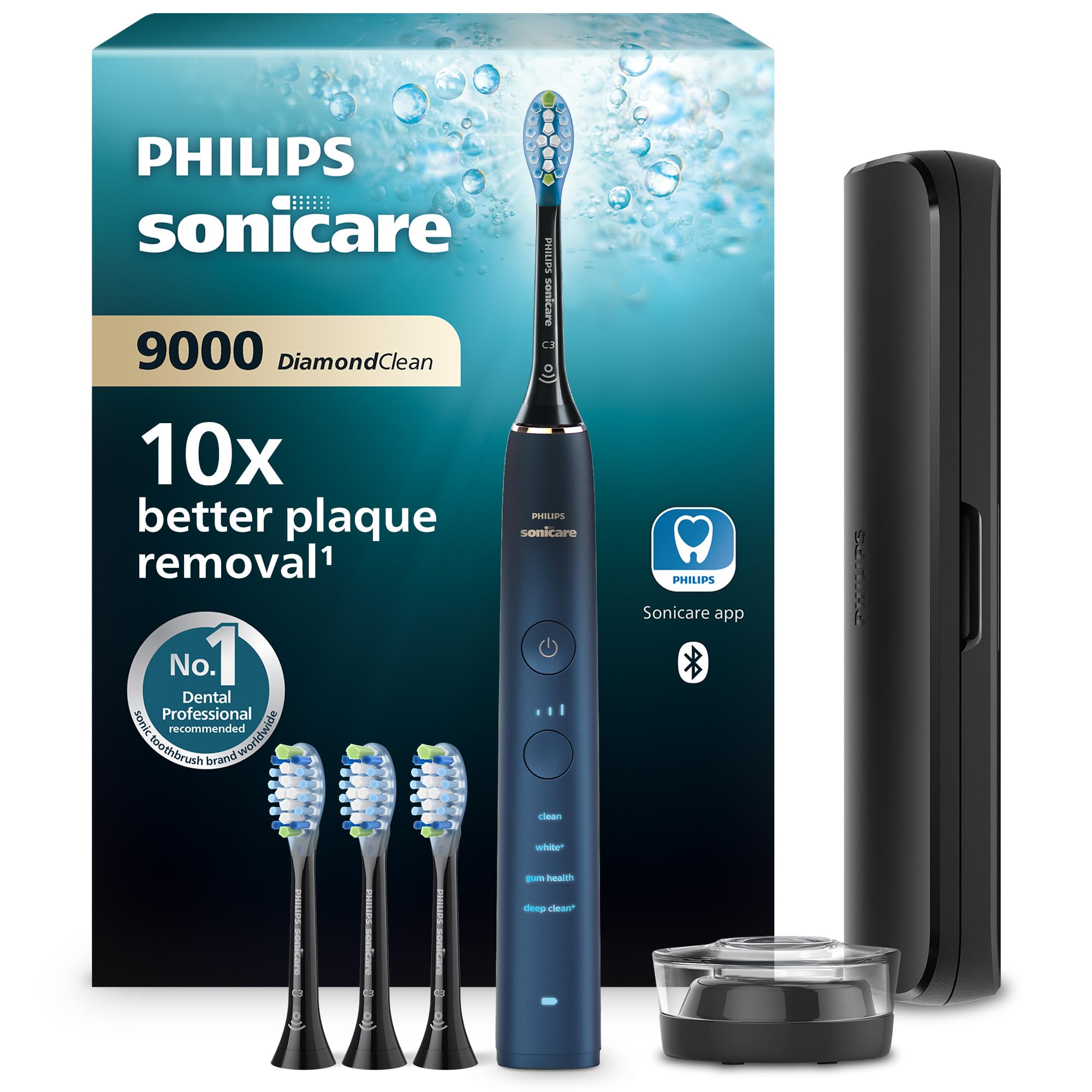 Philips Sonicare DiamondClean 9000 Electric Toothbrush, Special Edition, Sonic Toothbrush with App, Pressure Sensor, 4 Brushing Modes, 3 Intensity Levels, Charging Stand, Aquamarine, Model HX9911/89