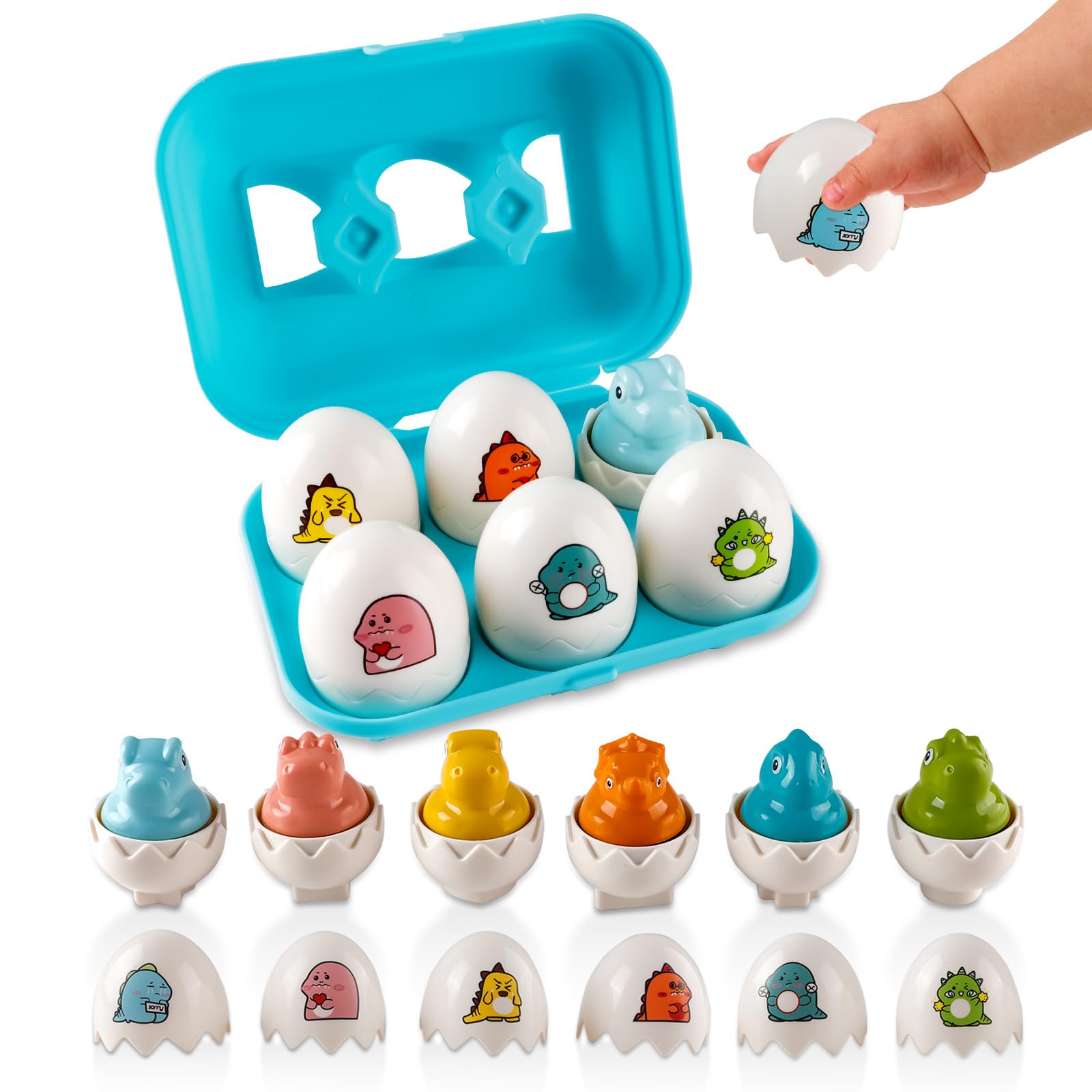 Matching Eggs for Toddlers, 6pcs Montessori Dinosaur Egg Toys for 1 2 3 Years Old Boys Girls Educational Color & Shape Sorter Toys Easter Basket Stuffers Sensory Baby Toys Egg Puzzle Learning Toys