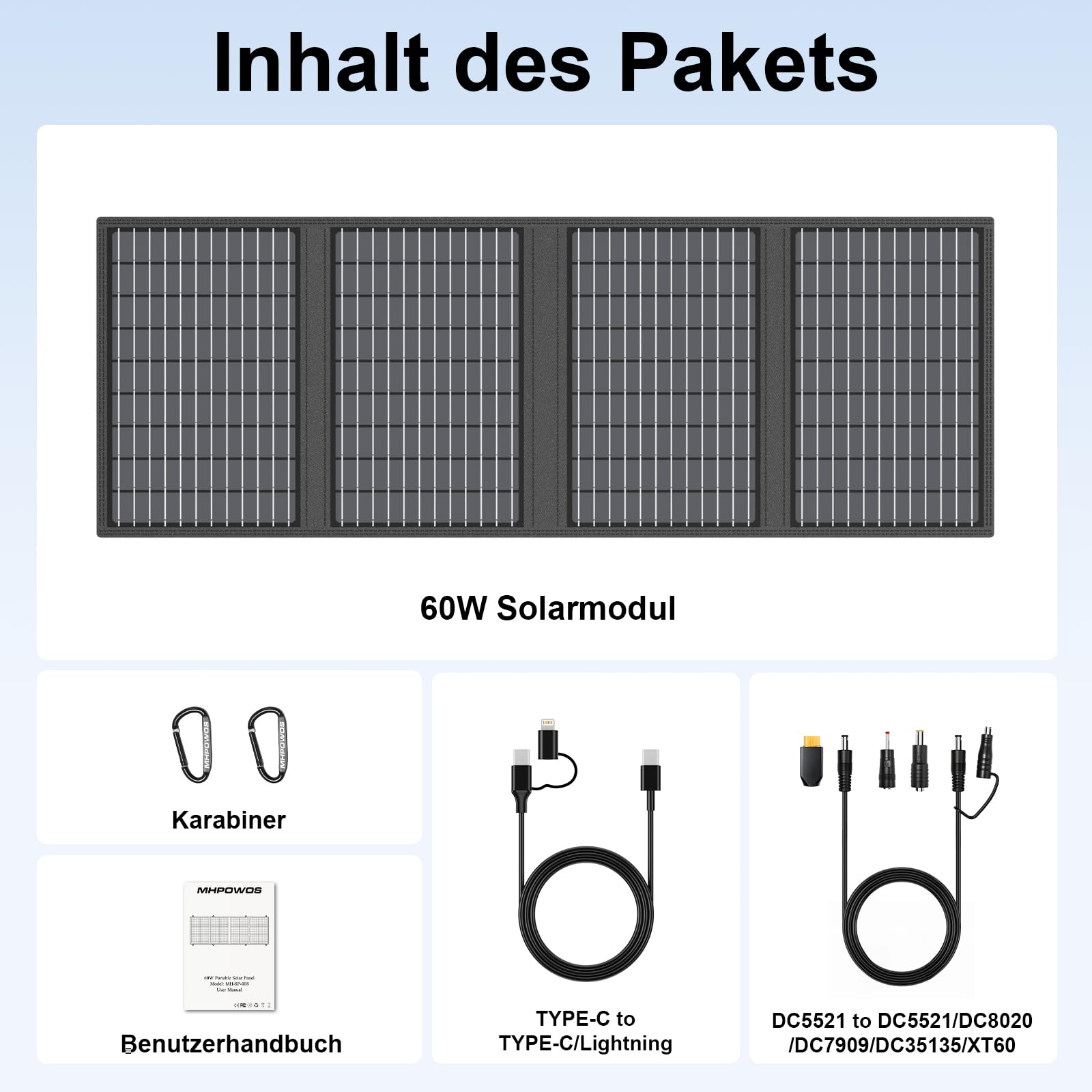 MHPOWOS 60W Tragbares Solarladegerät mit Ständer, Faltbares Solarpanel mit USB-C, USB-A und DC-Ausgängen, für Camping, Wandern, Notstromversorgung für Kleine Stromgeneratoren, Telefone, Powerbanks 7