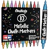 Chalkola Dual Tip Liquid Chalk Markers for Blackboard (10 Metallic Colors, 1mm+5mm Fine, Bold) - Dry Erase Marker Pens for Chalkboards Signs, Car Windows, Glass, Mirrors - Erasable Chalkboard Markers