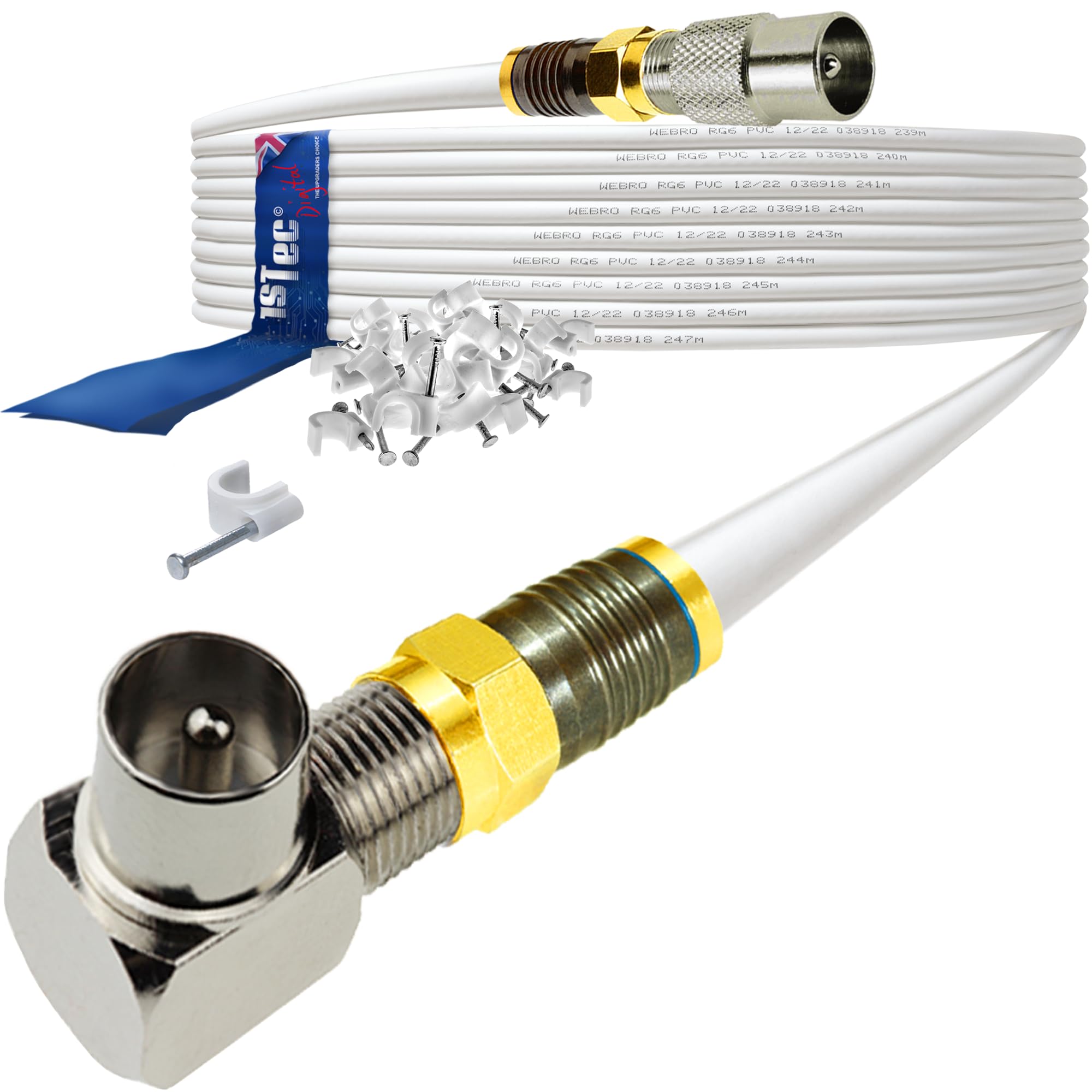 1STec 7m White Right Angled Gold Digital Coaxial Plug to Straight Male TV Extension Cable + Cable Clips (7 Metre, White)