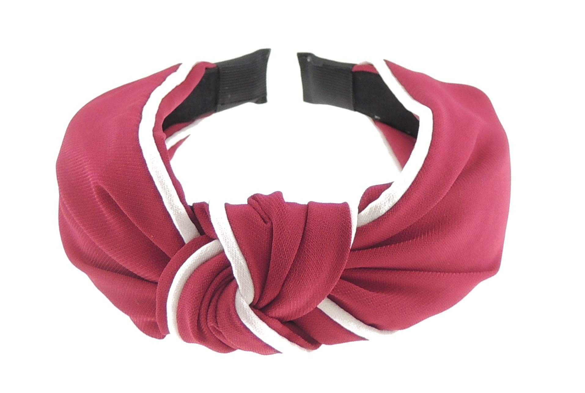 Womens Retro Boho White Edged Chiffon Work School Top Knot Knotted Twist Twisted Turban Vintage Headband Alice Band Hair Hairband For Christmas Birthday Wedding Guest Bridesmaid Party (Dark Red)