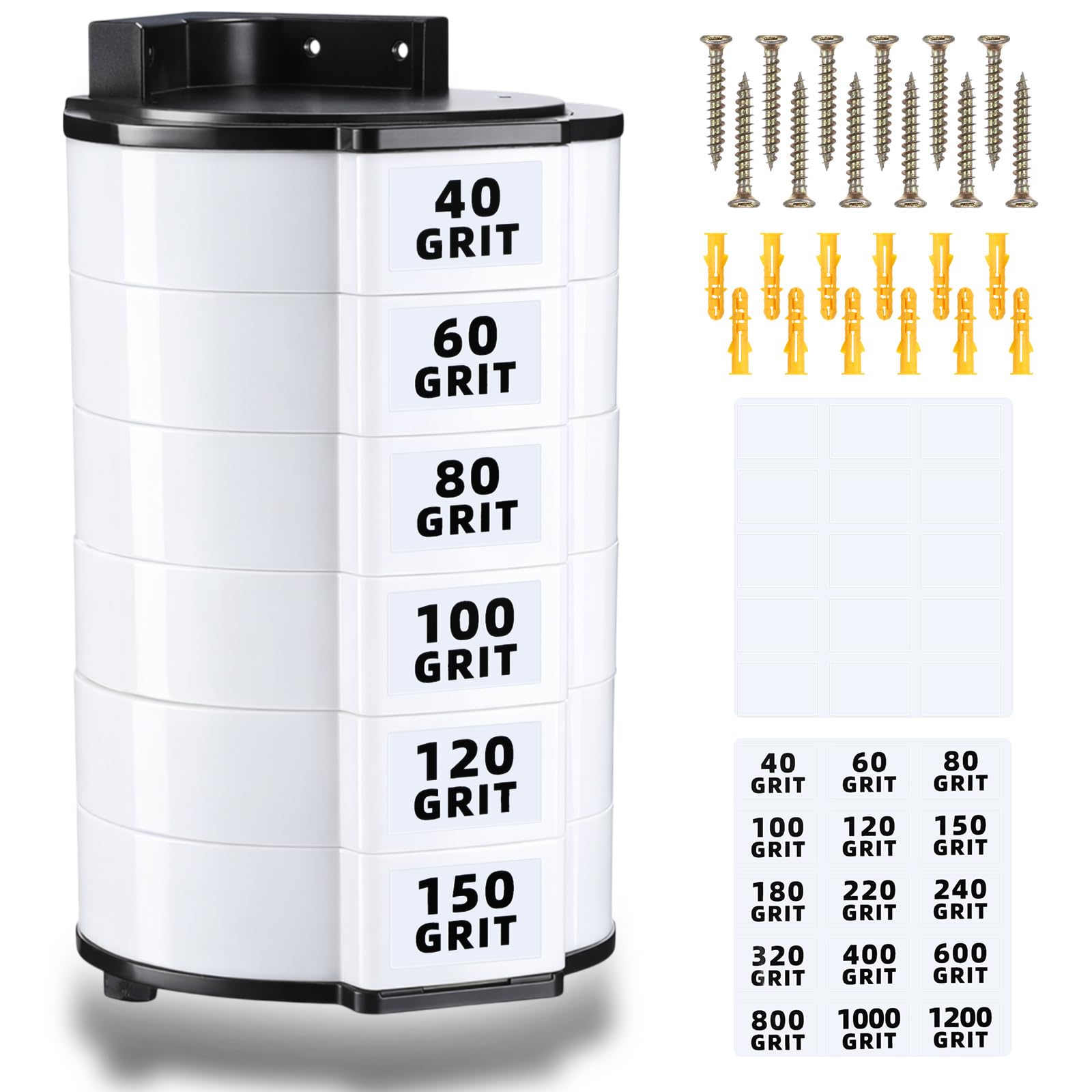 Photo 1 of Colingmill 6 Bins Sanding Disc Storage Box 5 Inch Sandpaper Storage Organizer Sandpaper Tray Tool Storages Set with Grit Labels and Expansion Screws Space Saving Rack, Wall Mountable Workshop, White