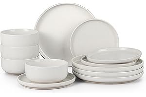 HaWare Stoneware Dinnerware Sets, 12-Piece Plates and Bowls Set for 4, Dishes Set for Home Restaurant, Speckled Milky White