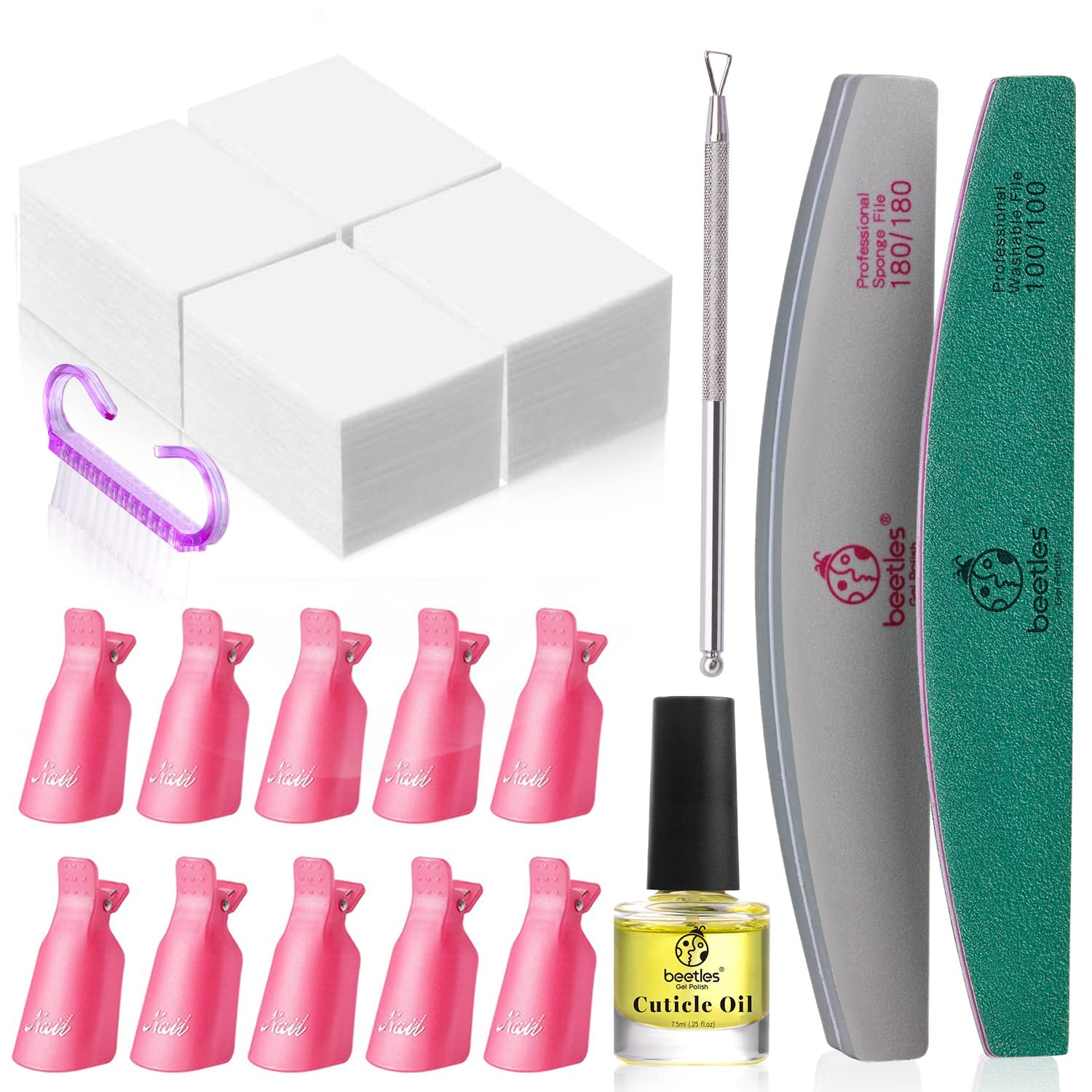 Beetles Gel Polish Remove Kit - 450Pcs Gel Nail Polish Remove Lint Free Nail Wipes/10 Pcs Nail Polish Remove Clips/Cuticle Oil/Cuticle Pusher/Nail File for Fingernail and Toenail