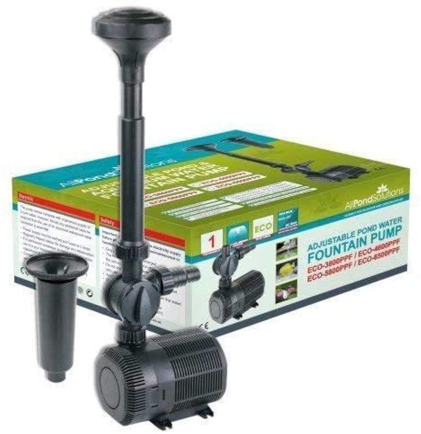 AllPondSolutions ECO-2300PPFA Pond Pump Submersible with Fountain Attachment for Outdoor Garden – Adjustable Flow 2300 Litre/Hour Flow Rate