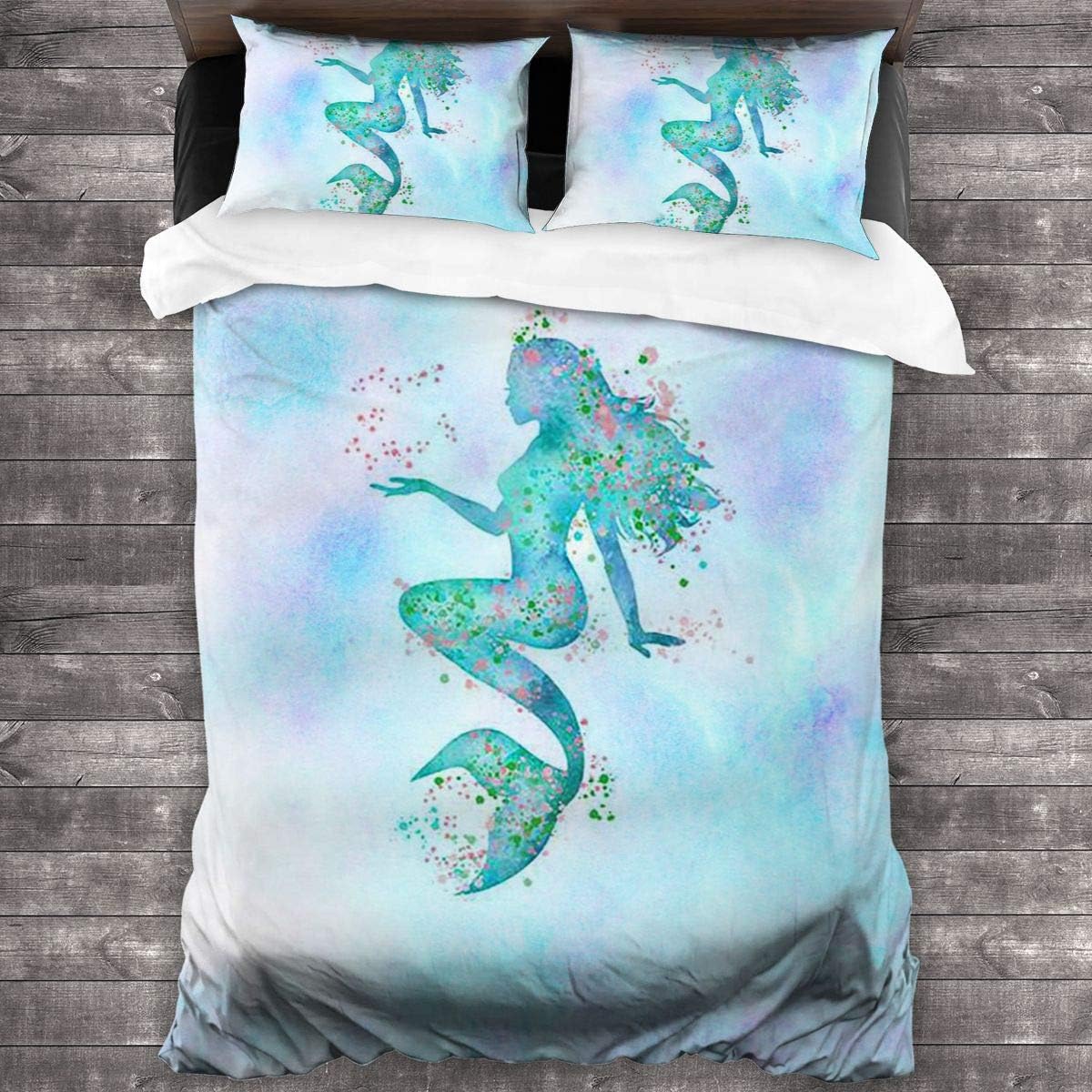 BLIOWL Duvet Cover (Full) - 3 Piece Watercolor Beautiful Mermaid Contemporary Quilt Set with 2 Standard Pillow Shams