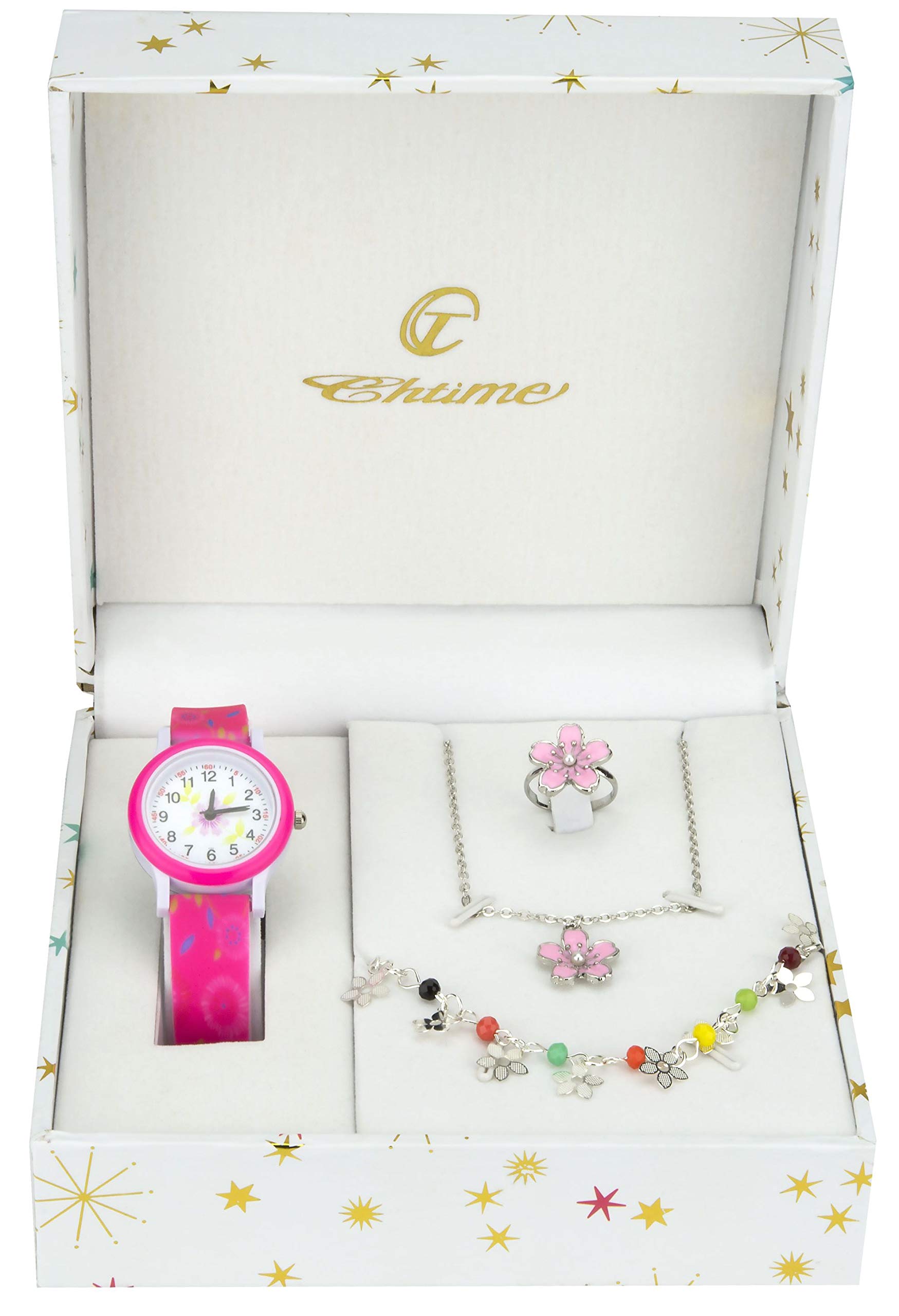 Gift Set Girl's Watch Pink - jewelry Set Daisy- Necklace-Ring- Band