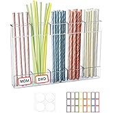 Acrylic Straw Holder, Reusable Straw Dispenser Container with Double Sided Adhesive Tape and Stickers Transparent Straws Organizer Storage Suitable for Cabinet Kitchen Countertops