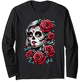Dia de Muertos Cinco de Mayo Sugar Skull Women Red Roses Long Sleeve T-Shirt