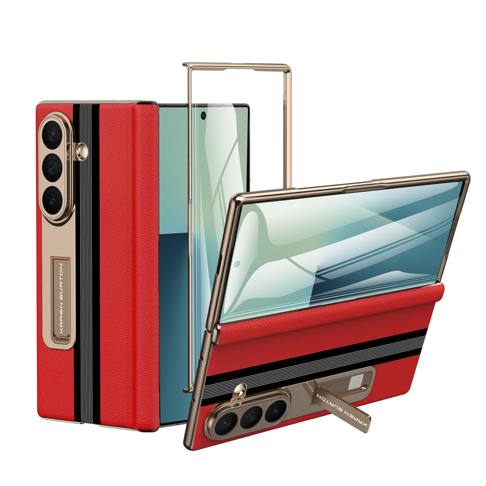 Photo 1 of Kalernd for Samsung Galaxy Z Fold 7 Phone Case [Luxury Genuine Leather] [Full Body Hinge Protection] [Built-in Screen Protector] [Kickstand Slim Phone Cover] for Galaxy ZFold 7 (Red)