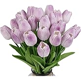 IPOPU Real Touch Purple Tulips 24PCS Artificial Flowers for Decoraion Fake Tulips Light Purple Flowers Floral Arrangements Artificial Faux Tulip Decor for Table Home Kitchen Decor (Light Purple)