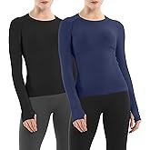 MathCat Seamless Workout Shirts for Women Long Sleeve Yoga Running Shirt Breathable Athletic Tops Slim Fit 2 Pack