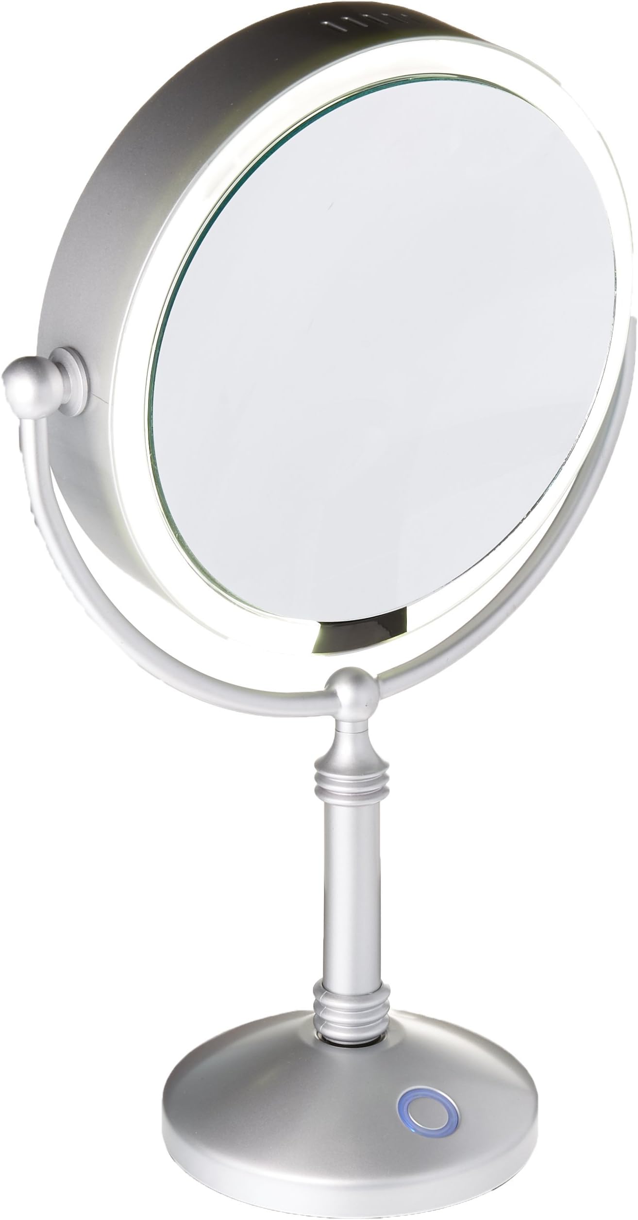 Modern Mirror LED Lighted 7.5" Modern Makeup Mirror With 10X Magnification, Built in Rechargeable Battery & AC Adapter, Silver