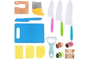 FUQUN 15 Pcs Wooden Kids Kitchen Knife, Plastic Kids Knife Set Include Wood Kids Safe Knife, Kids Baking Cooking Supplies Set Nylon Children's Kitchen knives BPA Free Cuttting Board