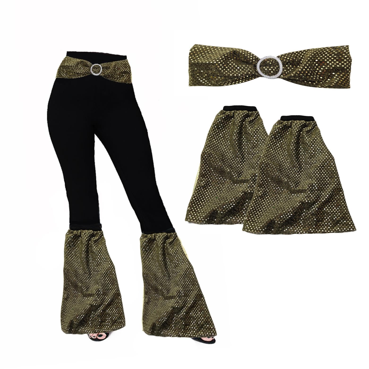 The Dragons Den Adults 1960s 1970s Sequined Flares Flared Boot Covers & Belt Hippie Disco Diva Fancy Dress Costume Accessory [Black Gold]