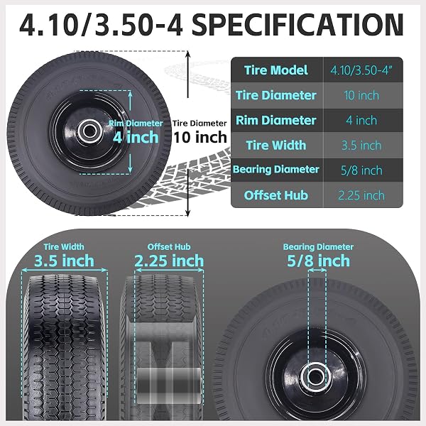 SIMEIQI 2PACK 10 X 4.10/3.50-4″ SOLID PU RUN-FLAT TIRE WHEEL WITH 5/8″AXLE BORE HOLE 2.24″ OFFSET HUB DOUBLE-SEALED BALL BEARINGS FOR WAGONS WHEELBARROWS HAND TRUCKS